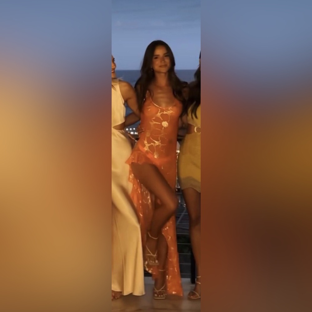 Delfi Collective Orange Sheer Lara Long Dress Size Medium High Slit